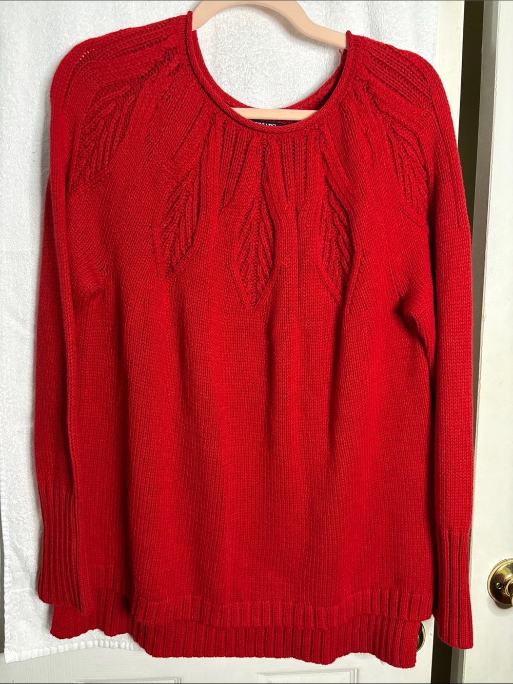 Chaps Red Crewneck Sweater with Leaf Cable Detail